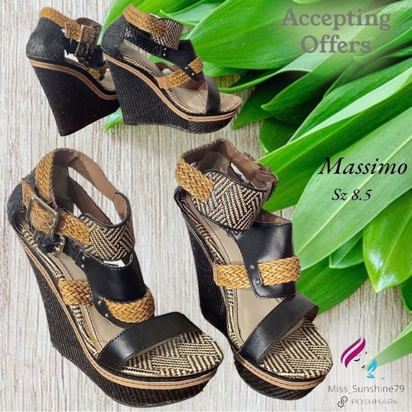 Massimo - Sz 8.5 - wedge heels Strappy paper straw feel to it natural look - Picture 1 of 10